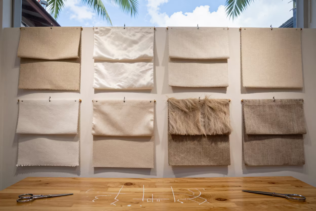 Textile Swatch Wall in Taichung Tailoring Shop in at a tailoring table strewn with chalk and shears in Taichung