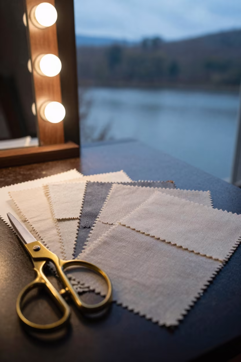 Textile Swatches and Brass Shears in Asheville Twilight in beside a mirror lined with makeup bulbs in Asheville