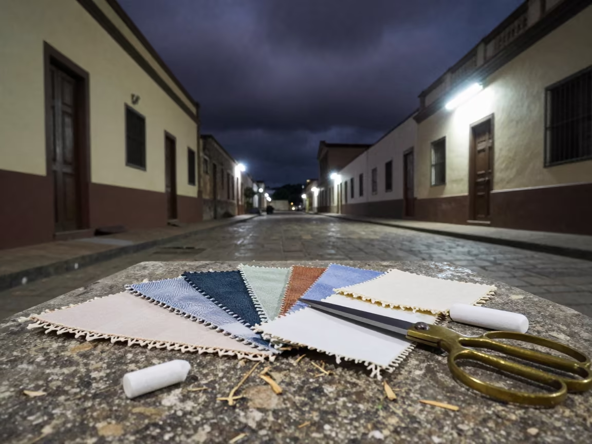Textile Swatches Brass Shears Chalk Matola Night in in a stone lane between old facades in Matola