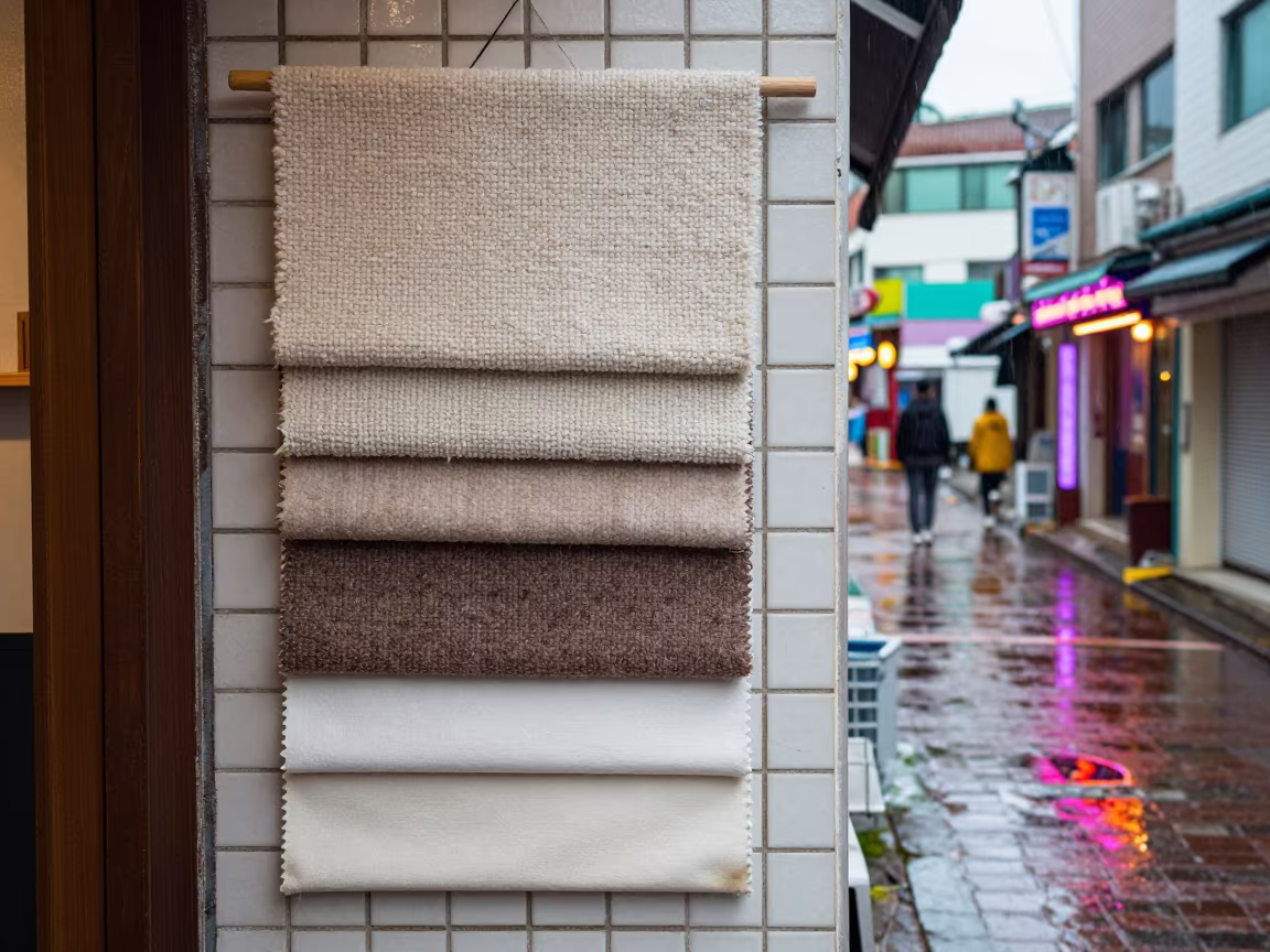 Textile Swatches on Busan Neon Arcade in along a neon-lit arcade near Gamcheon, Busan