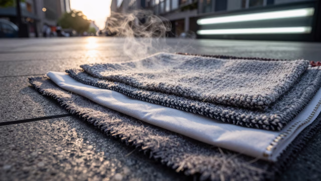Textile Swatches in Dawn Plaza Light in across a reflective public plaza in Preston