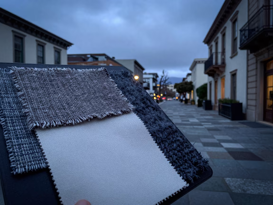 Textile Swatches on San Francisco Stone Lane Twilight in in a stone lane between old facades in San Francisco