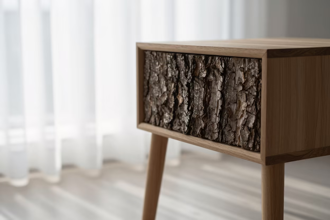 Textured Bark on Kaunas Bedside Table at Dawn in on a bedside table in Kaunas