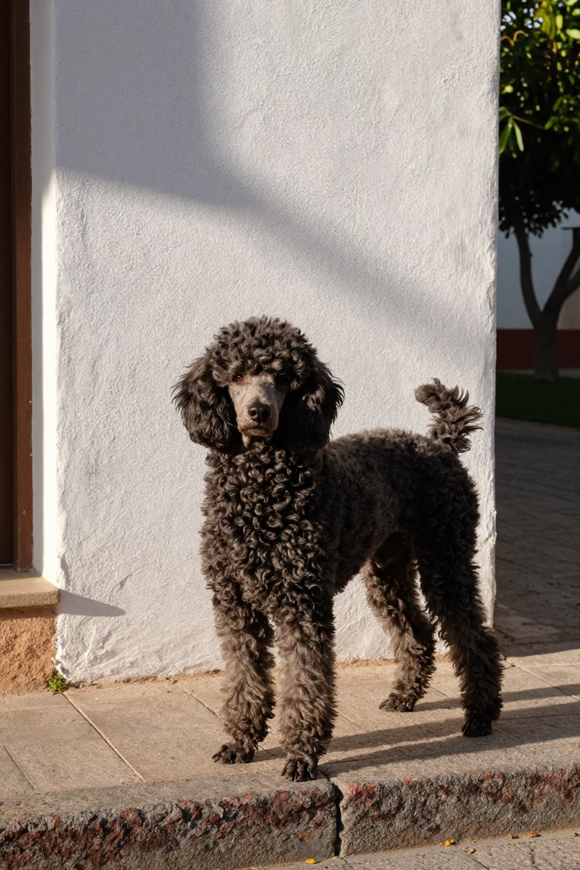 Textured Poodle Portrait in Badajoz Morning Light in near a garden edge with soft morning light and an uncluttered background in Badajoz
