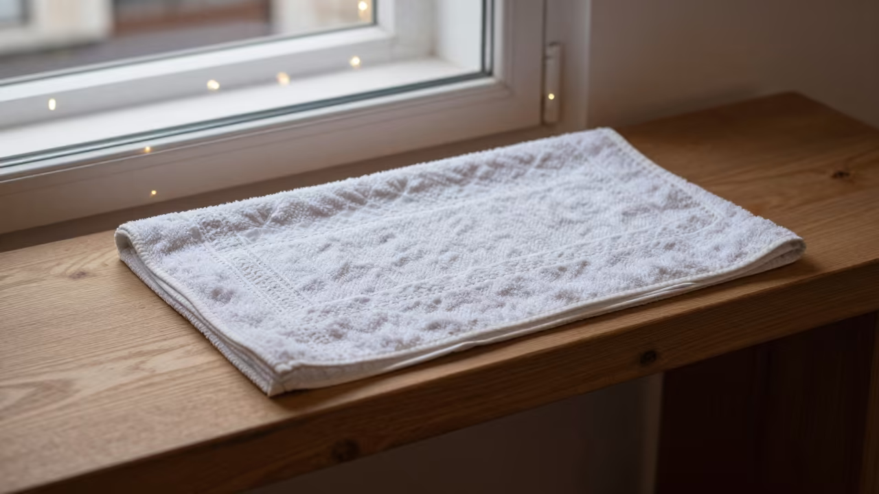 Textured Tea Towel on Cedar Plinth in Lisbon in on a museum plinth in Lisbon