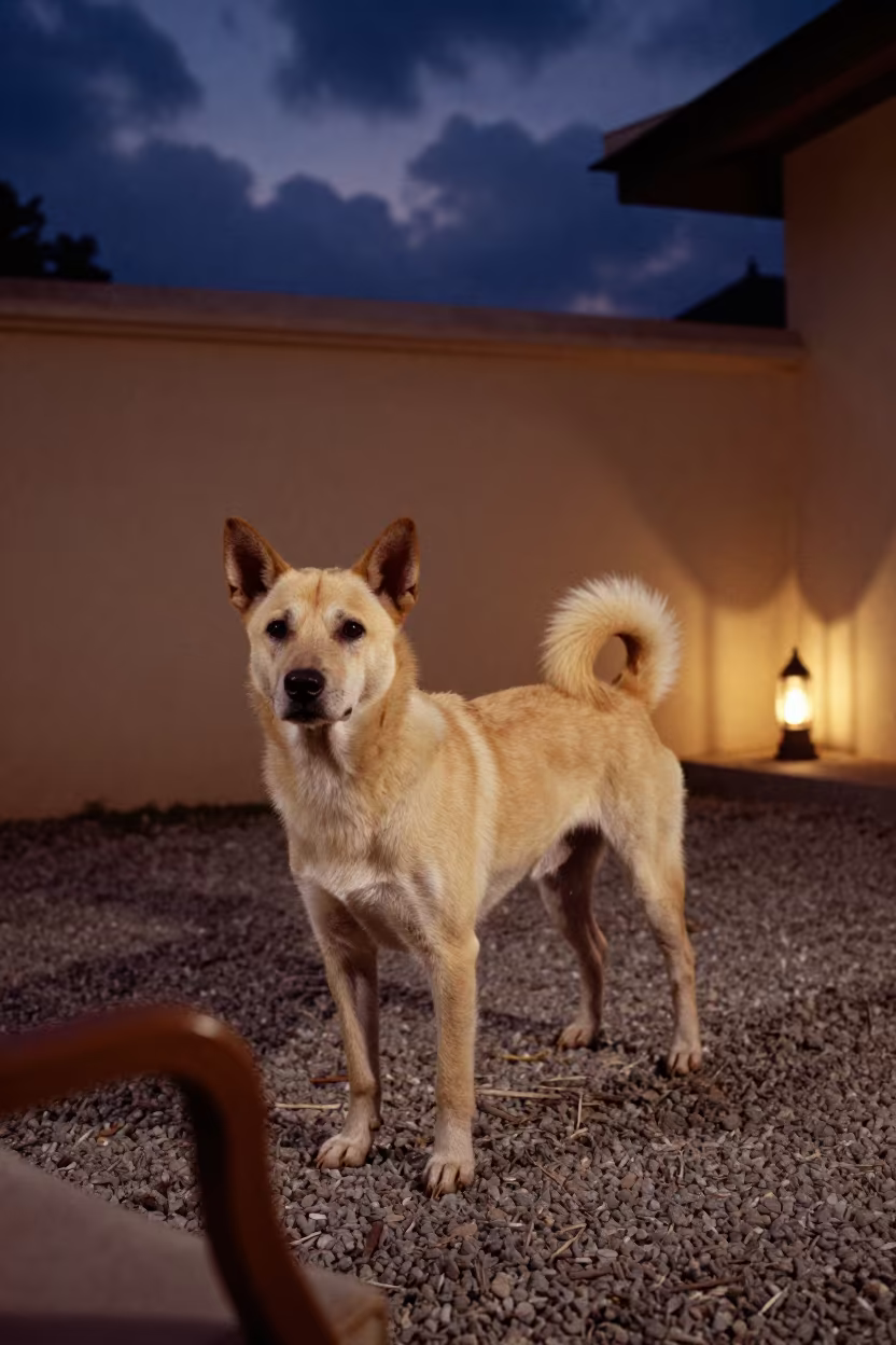 Thai Bangkaew Dog Night Park Chiang Mai in beside a plain courtyard wall in clear daylight with the animal at eye level near Chiang Mai