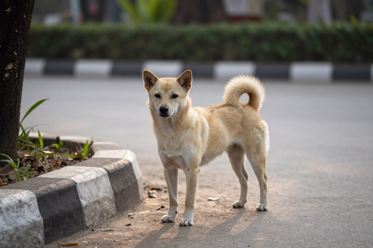 Thai Bangkaew Dog on Chiang Mai Park Path in near a garden edge with soft morning light and an uncluttered background in Old City, Chiang Mai