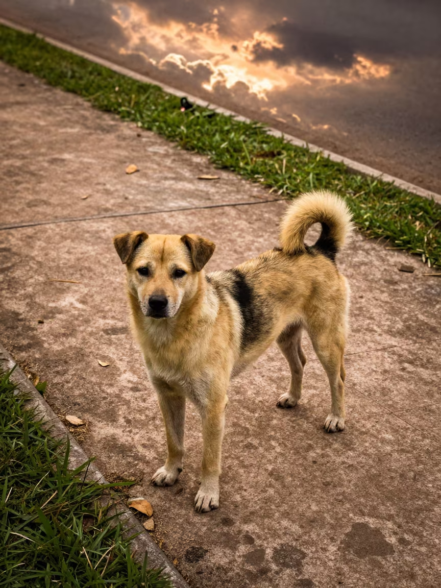 Thai Bangkaew Dog on Park Path in Bangkok in in a small yard with clipped grass, calm light, and the animal centered in frame in Bangkok