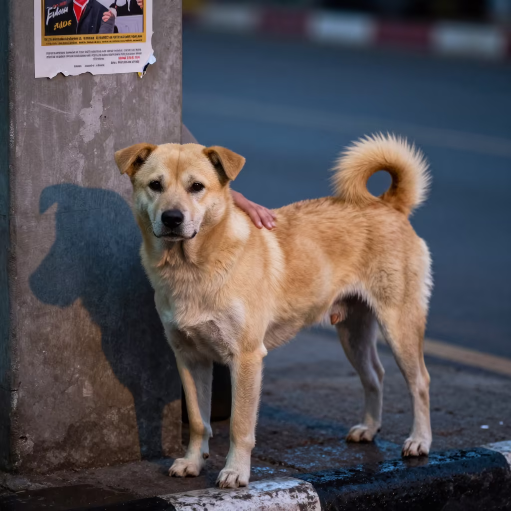 Thai Bangkaew Dog Portrait in Bangkok Twilight in beside a plain courtyard wall in clear daylight with the animal at eye level in Khao San Road, Bangkok