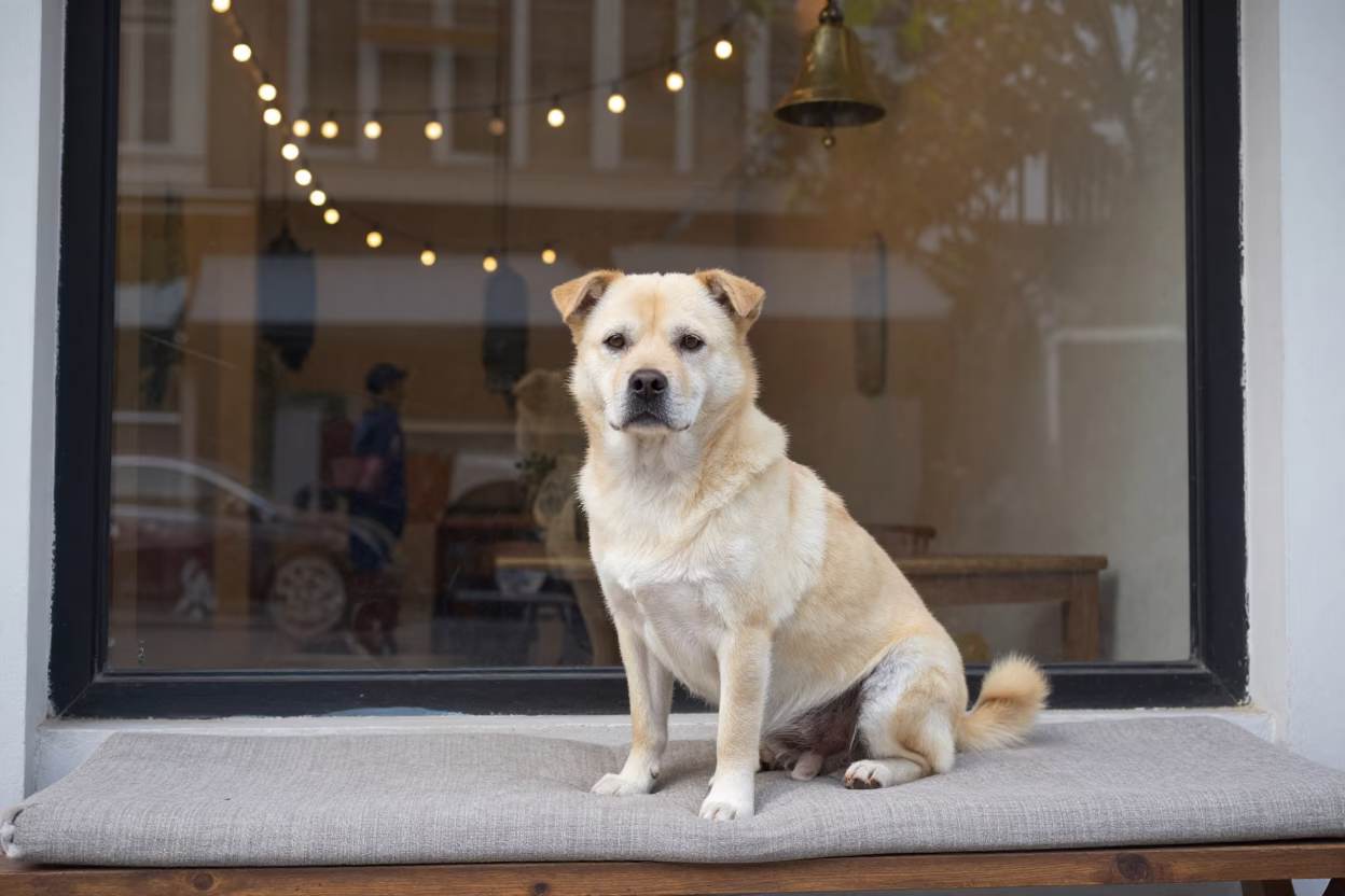 Thai Bangkaew Dog Portrait on Window Seat in on a cushioned window seat with soft side light and an uncluttered background near Bang Rak, Bangkok