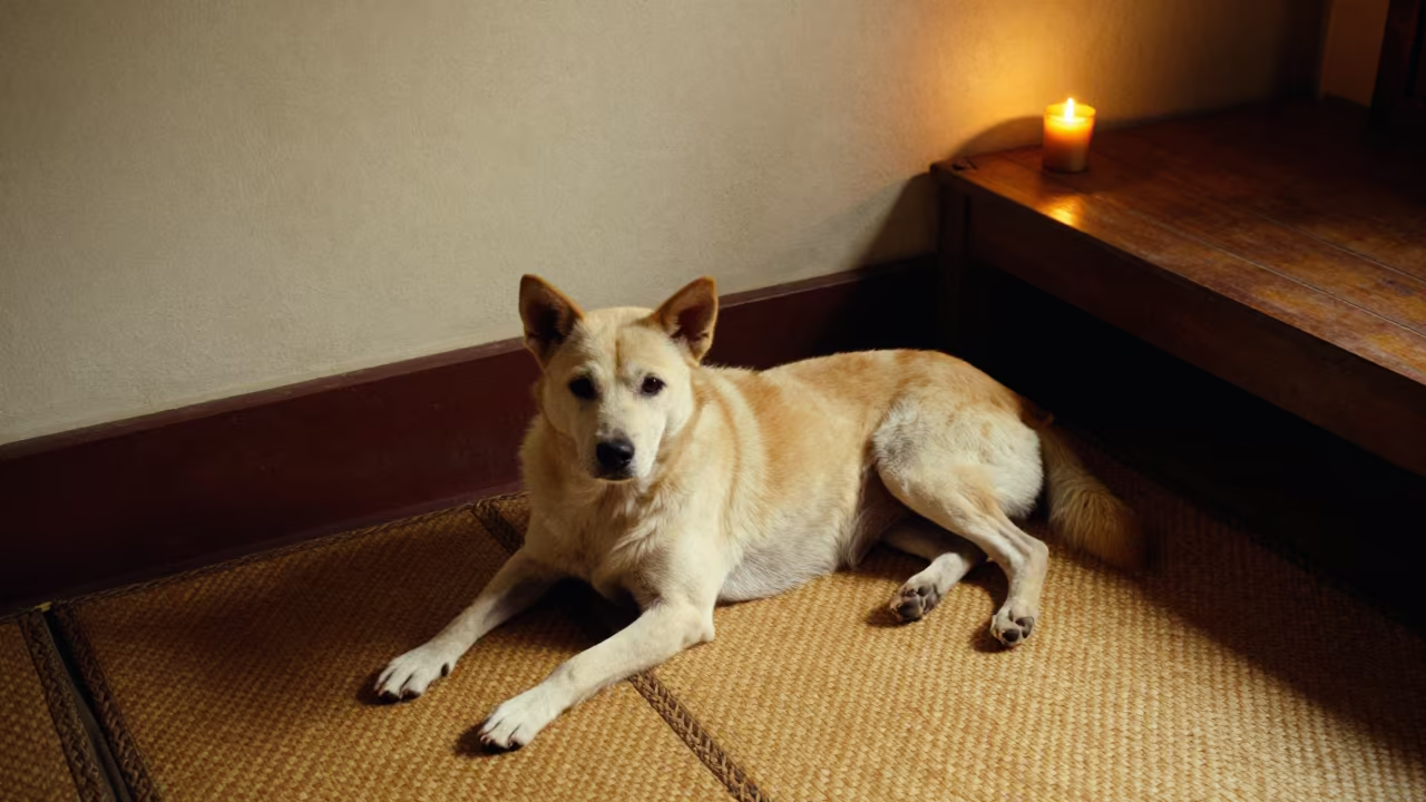 Thai Bangkaew Dog Resting on Woven Rug in on a woven rug beside a low couch and an uncluttered wall near Santitham, Chiang Mai