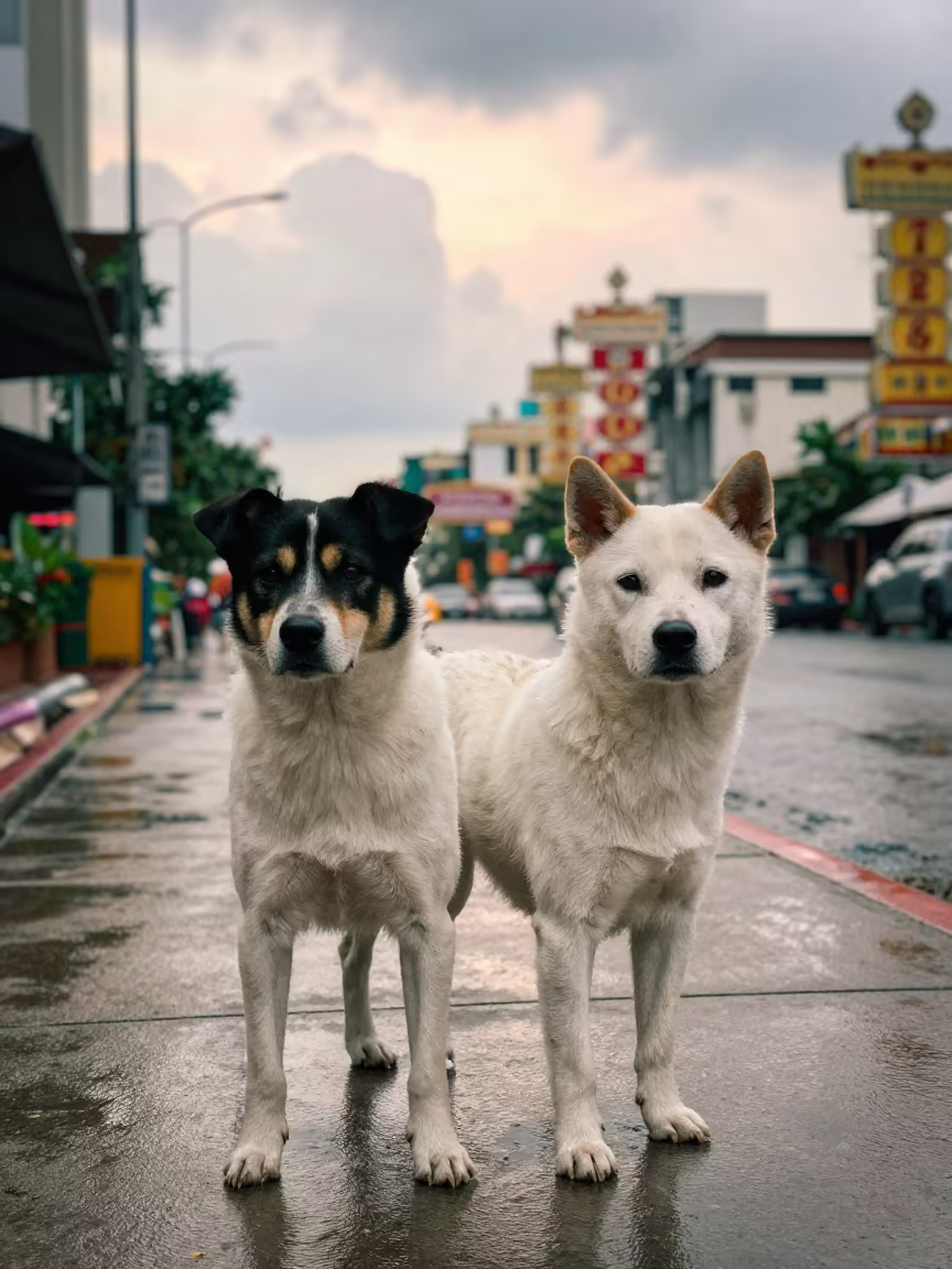 Thai Bangkaew Dog Walking Park Path in along a quiet park path with soft open shade and a clean background in Chinatown, Bangkok