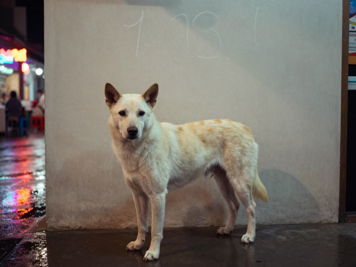 Thai Bangkaew Portrait at Chiang Mai Night Bazaar in beside a plain plaster wall in soft indoor light with the animal centered in frame in Night Bazaar, Chiang Mai