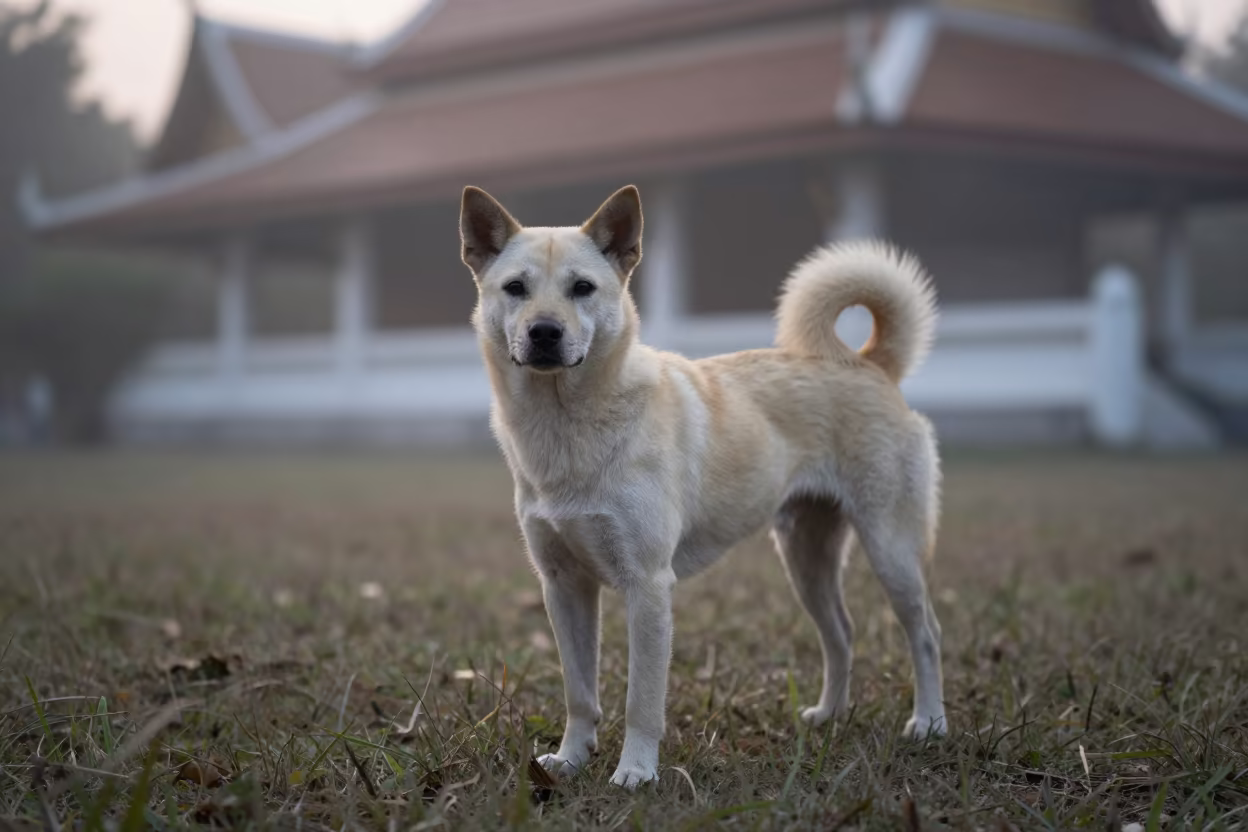 Thai Bangkaew Portrait in Evening Mist Near Nimmanhaemin in in a small yard with clipped grass, calm light, and the animal centered in frame near Nimmanhaemin, Chiang Mai