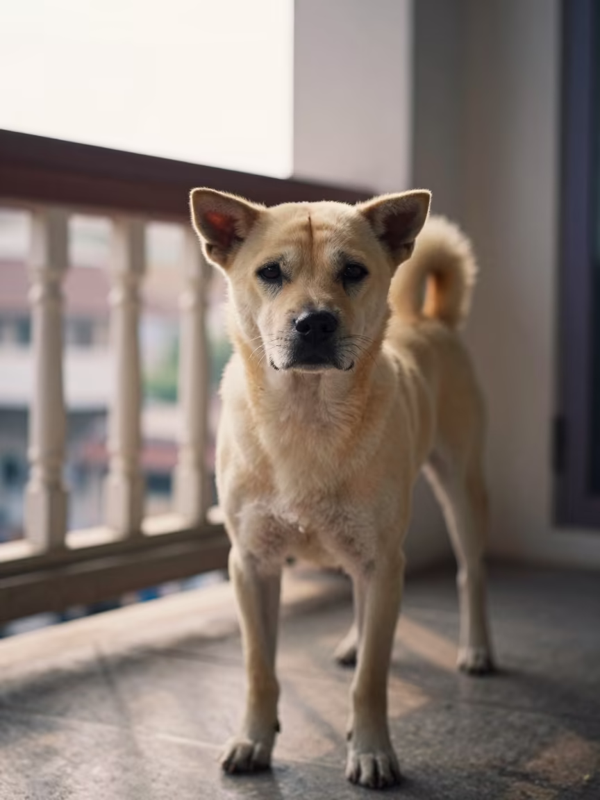 Thai Bangkaew Portrait on Shaded Bangkok Porch in on a shaded front porch with boards, railings, and eye-level framing near Bangkok