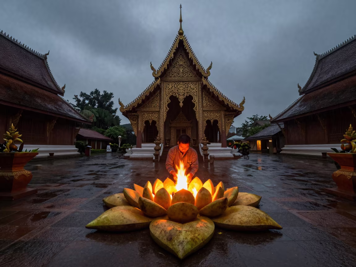 Thai Carver Shapes Fruit Flowers in Temple Firelight in in a temple courtyard near Santitham, Chiang Mai