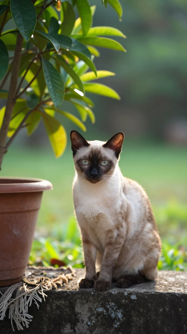 Thai Cat at Garden Edge Morning Light Chiang Mai in near a garden edge with soft morning light and an uncluttered background near Chiang Mai