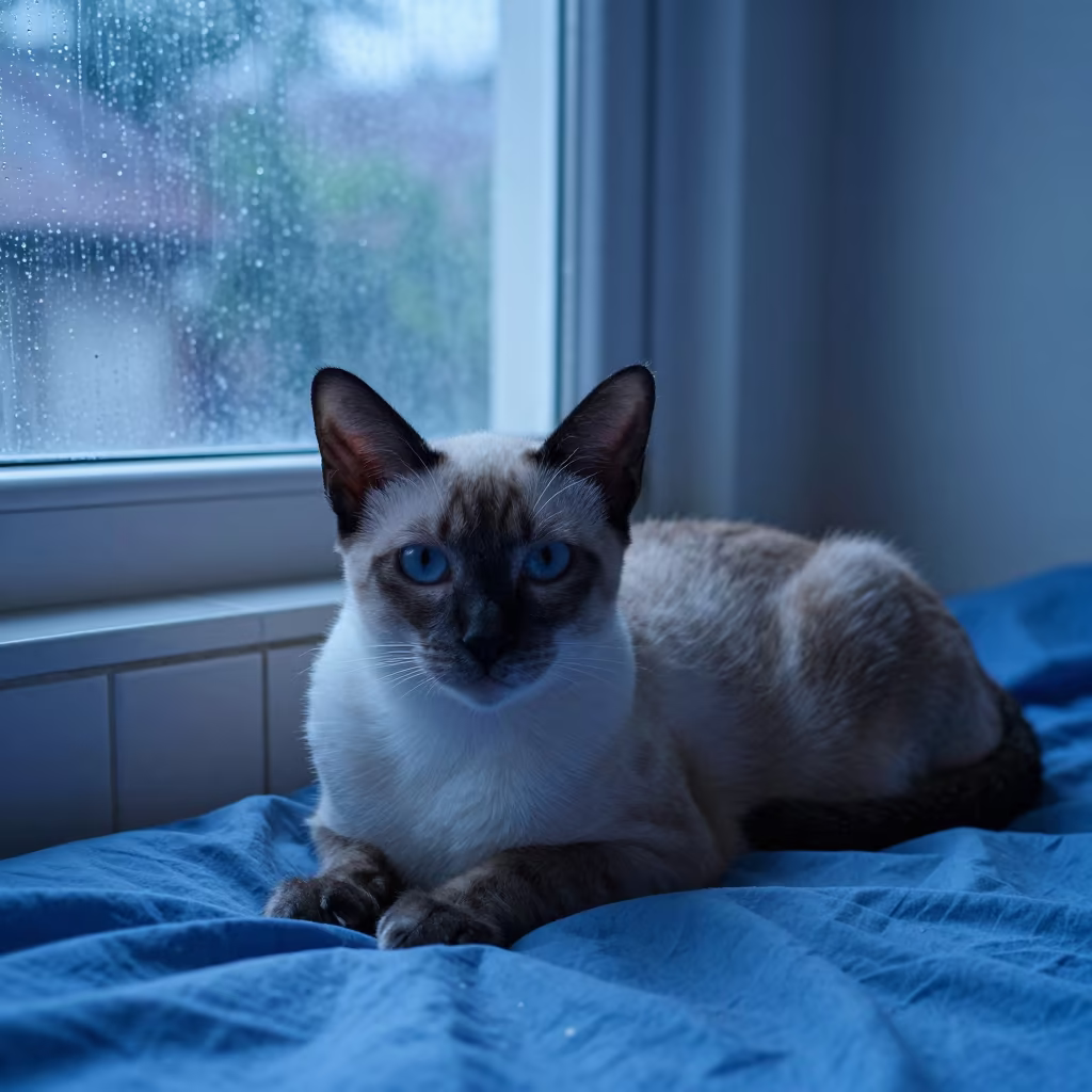 Thai Cat Lounging by Window in Bangkok Evening in on a bedspread near a bright window with calm indoor light in Bang Rak, Bangkok