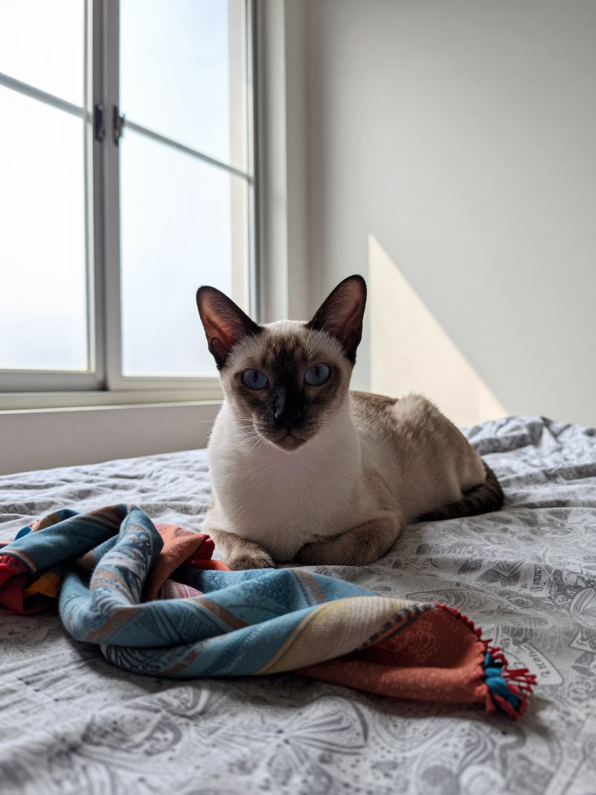 Thai Cat Lounging on Bedspread Near Window in on a bedspread near a bright window with calm indoor light in Phuket