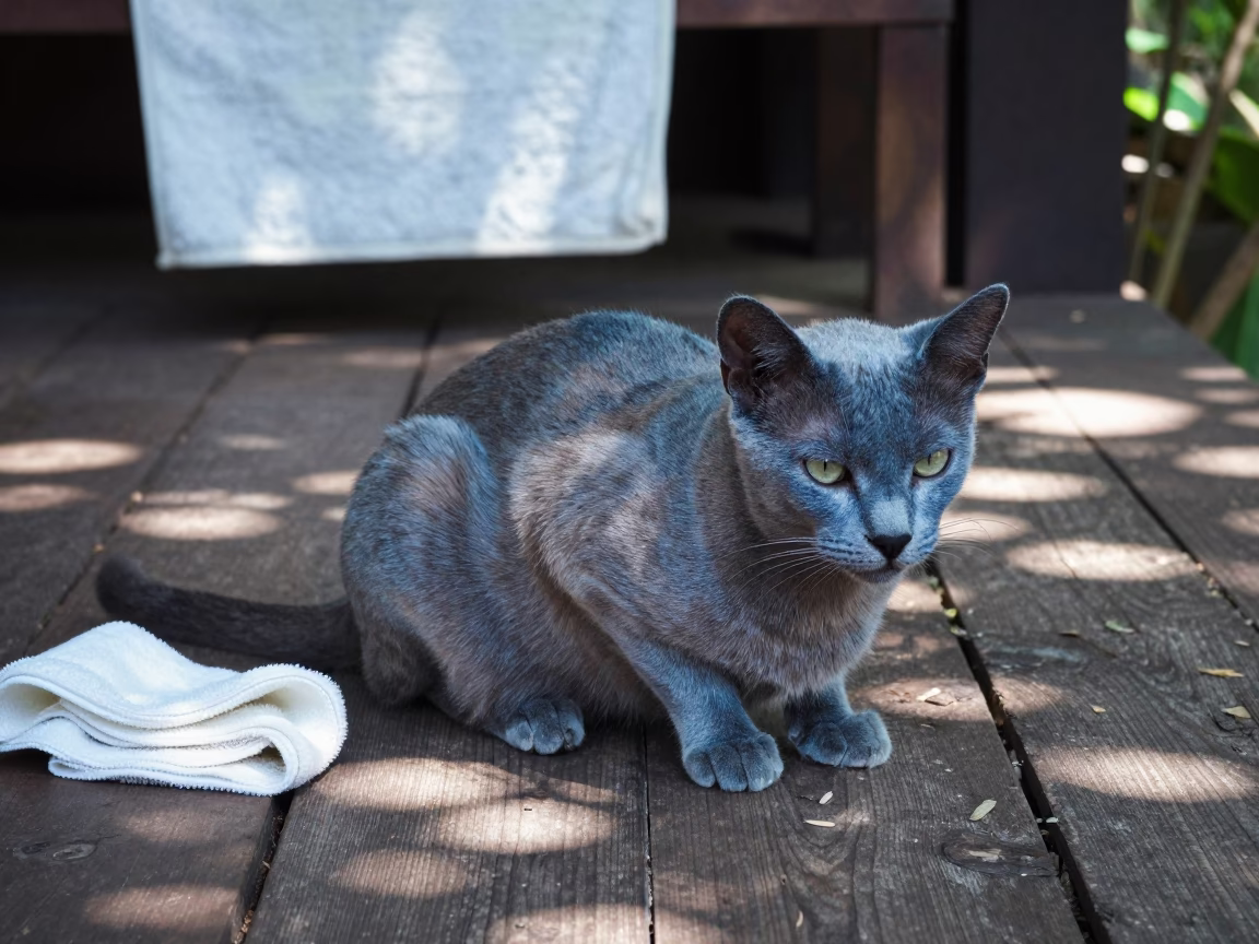 Thai Cat on Shaded Porch Ledge Near Bangkok in on a shaded front porch with boards, railings, and eye-level framing near Bangkok
