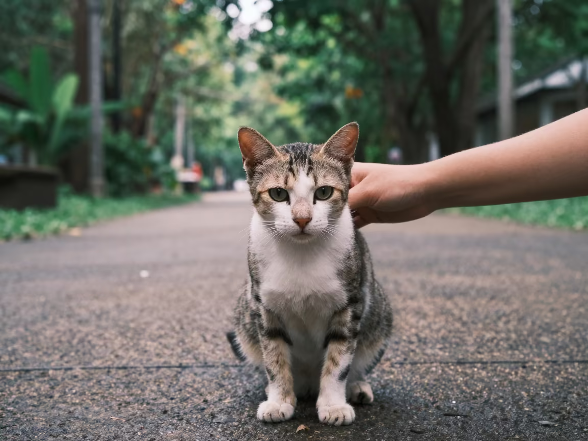 Thai Cat Portrait in Chiang Mai Park Dawn Light in along a quiet park path with soft open shade and a clean background in Chiang Mai