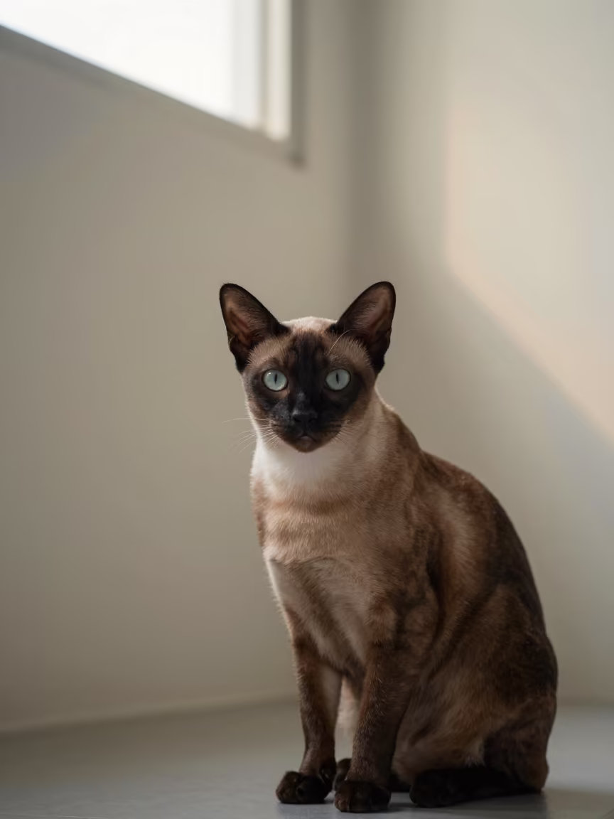 Thai Cat Portrait in Phuket Studio with Soft Skylight in in a quiet portrait studio with a plain backdrop and eye-level framing in Phuket