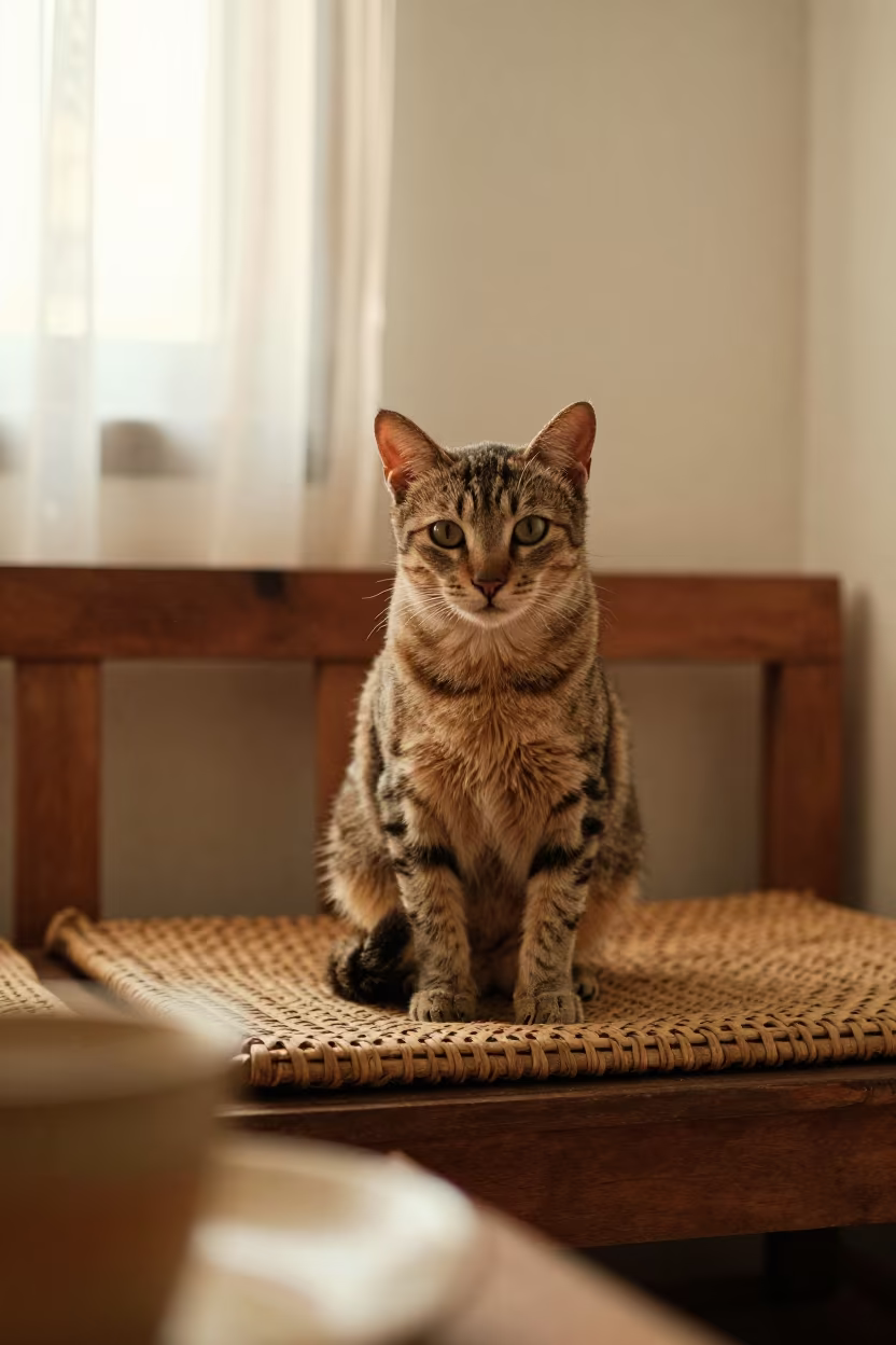Thai Cat Portrait Near Window in Chiang Mai in on a sofa near a curtained window with calm indoor light near Santitham, Chiang Mai