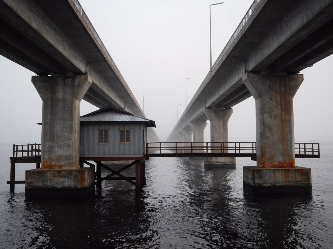 Thai Drawbridge Counterweight House in Dawn Mist in under a viaduct of steel and concrete in Thailand