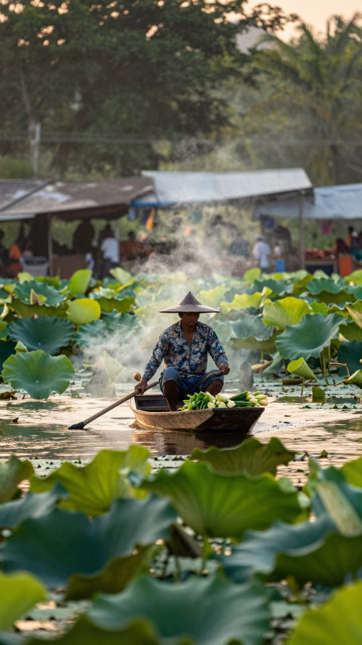 Thai Farmer Rows Produce Through Lotus Pads in under a market canopy in Phrae