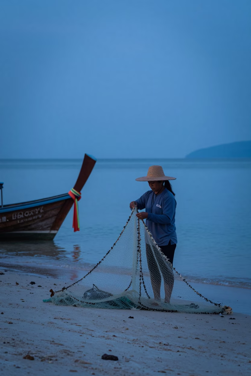 Thai Fisherwoman Preparing Nets on Phuket Beach Before Sunrise in in Phuket, Thailand