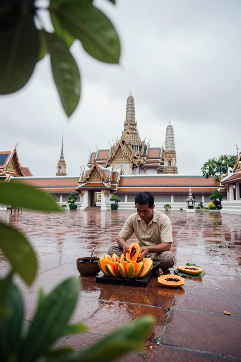 Thai Fruit Carver in Bangkok Temple Courtyard in in a temple courtyard in Silom, Bangkok