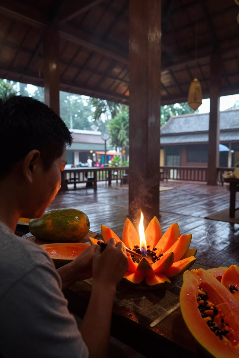 Thai Fruit Carver Shapes Flowers in Prayer Hall in in a prayer hall near Ekkamai, Bangkok