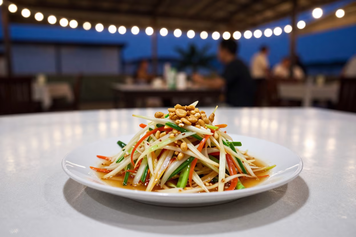 Thai Green Papaya Salad with Peanuts in on a linen-covered restaurant table in Bangkok