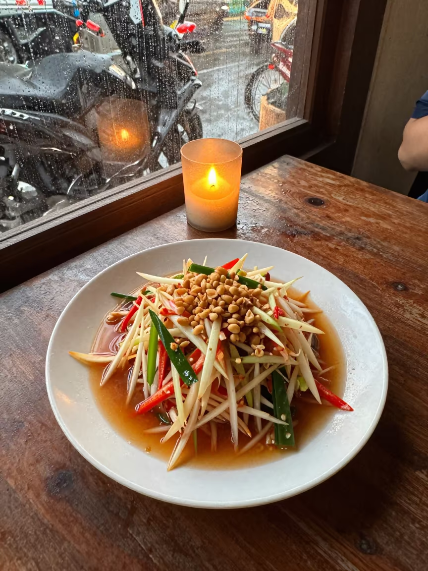 Thai Green Papaya Salad with Peanuts on Diner Table in at a roadside diner table in Ari, Bangkok