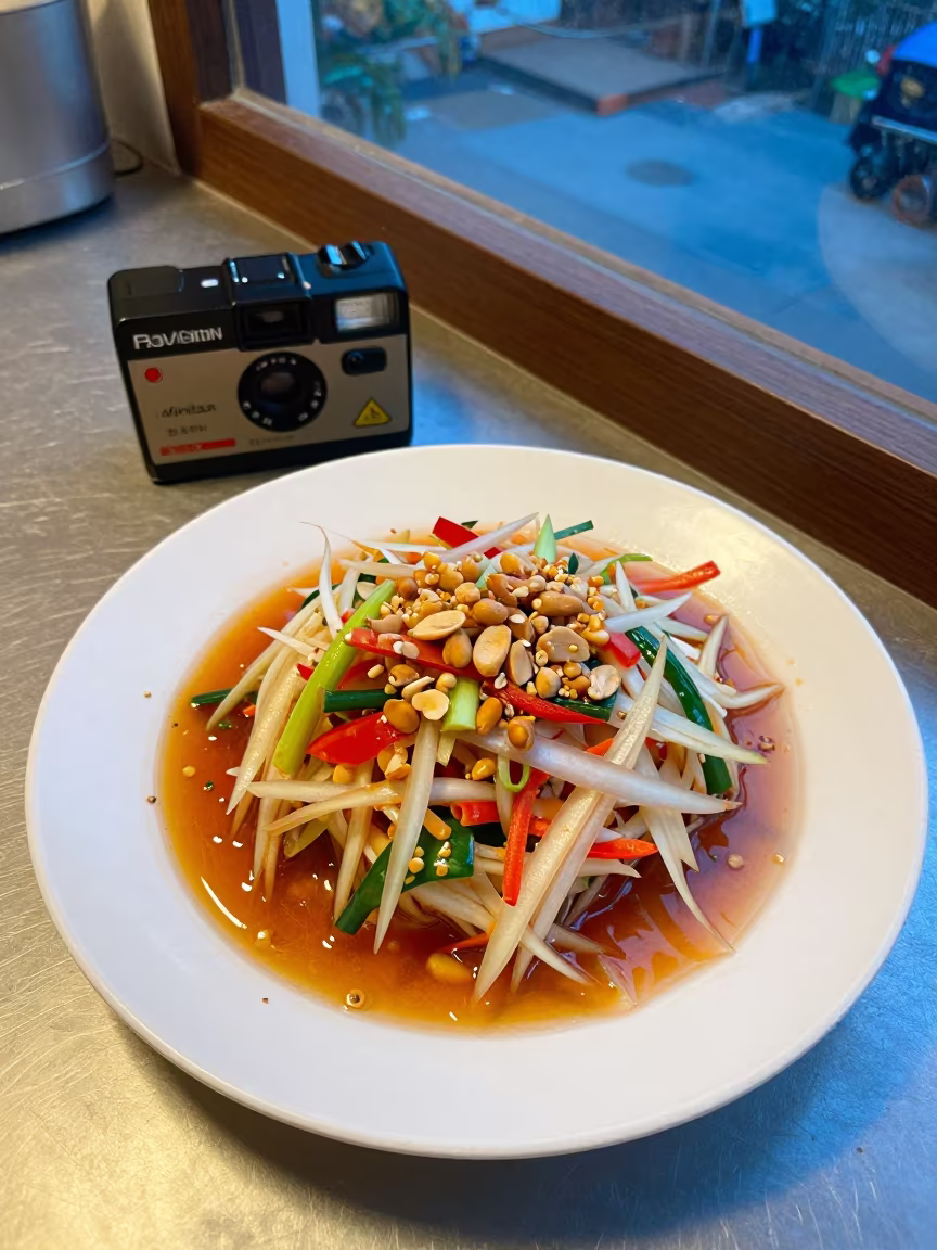 Thai Green Papaya Salad with Peanuts Phuket in on a kitchen worktop in Phuket