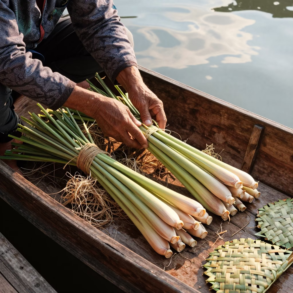 Thai Lemongrass Vendor at Floating Market in at a floating market boat in Khao San Road, Bangkok