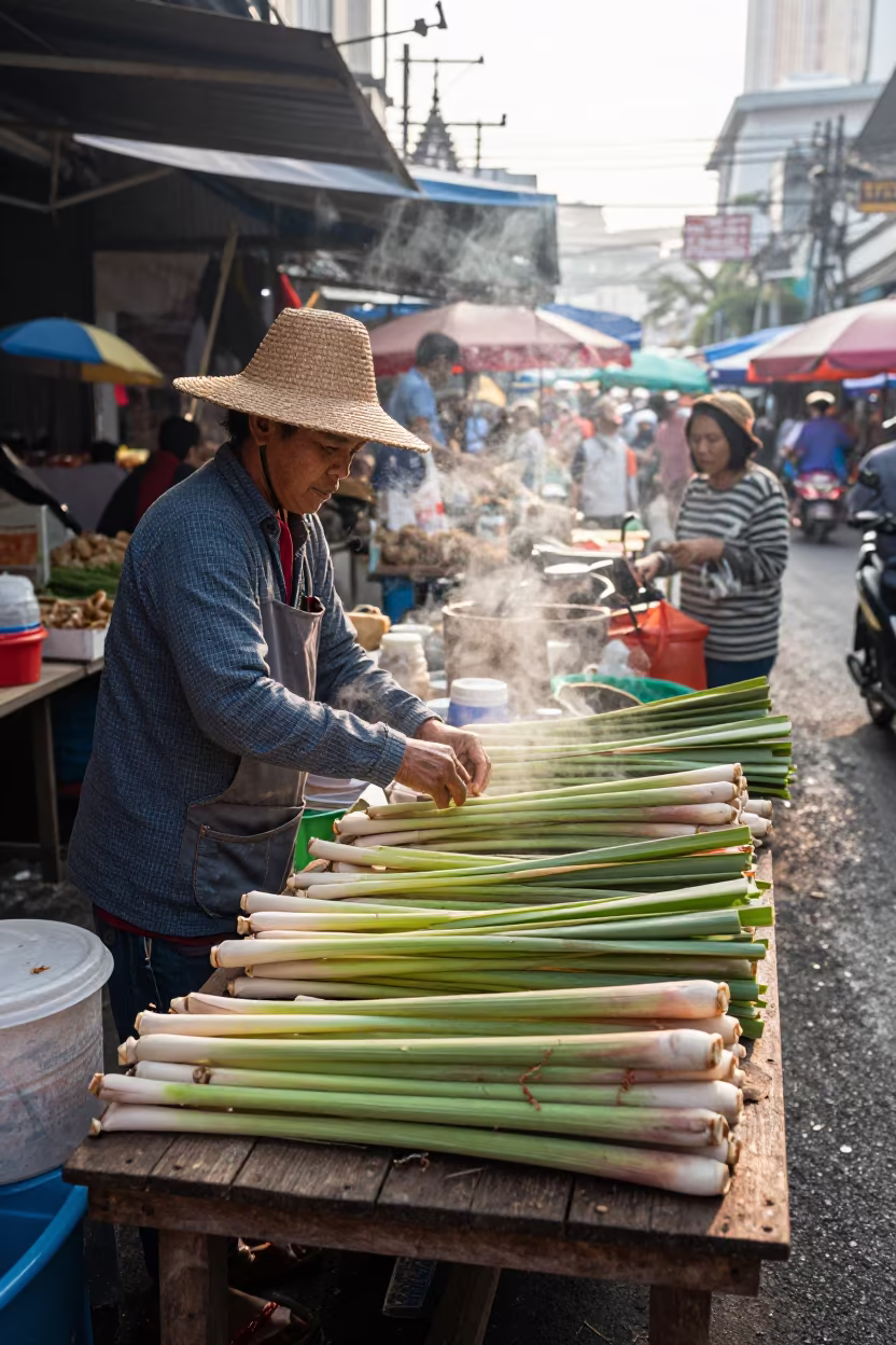 Thai Lemongrass Vendor Morning Market Bangkok in at a spice vendor's table in Khao San Road, Bangkok