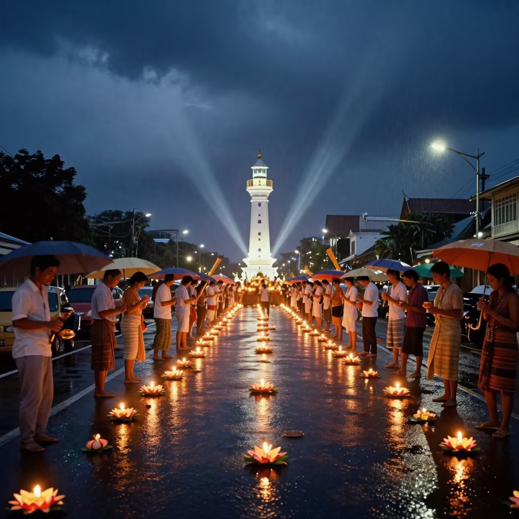 Thai Loi Krathong Candle Lotus Festival Night in at a festival street procession in Bangkok