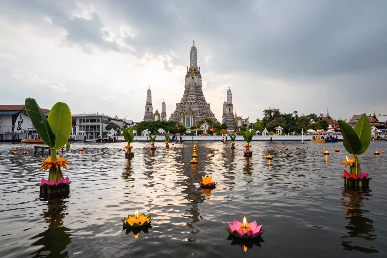 Thai Loi Krathong Candle Lotuses Float in at a public square during a festival near Bang Rak, Bangkok