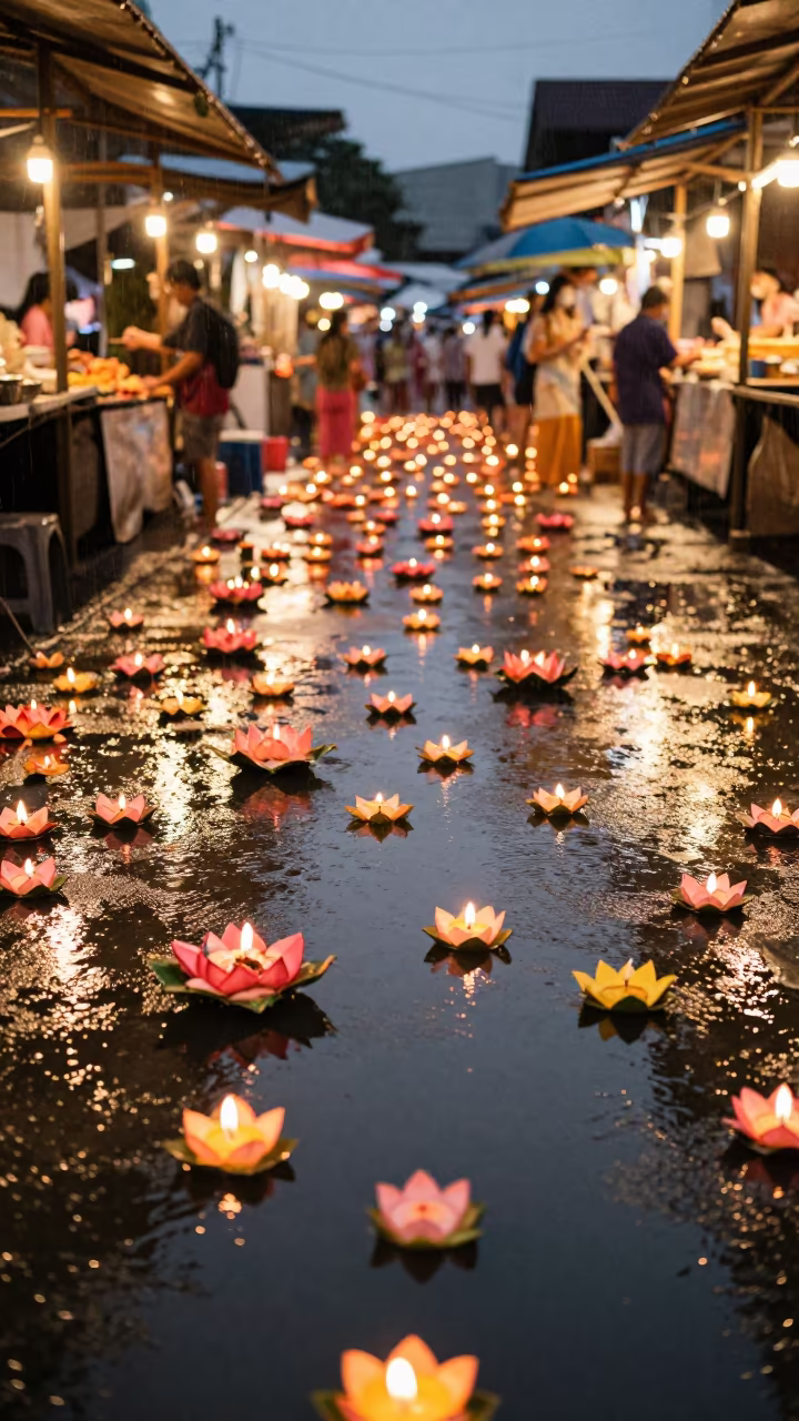 Thai Loi Krathong Candles Float in Phuket Rain in at a night market in Phuket