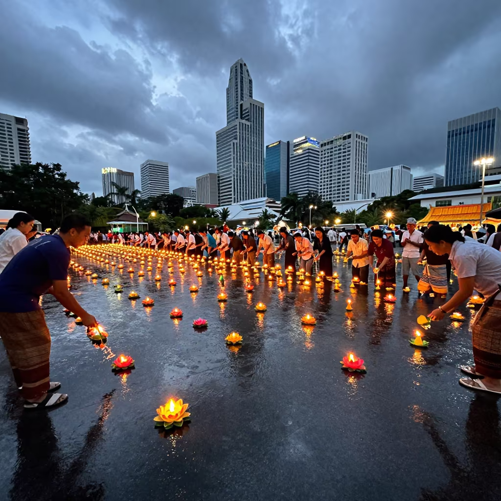 Thai Loi Krathong Festival Dawn Silom Square in at a public square during a festival near Silom, Bangkok