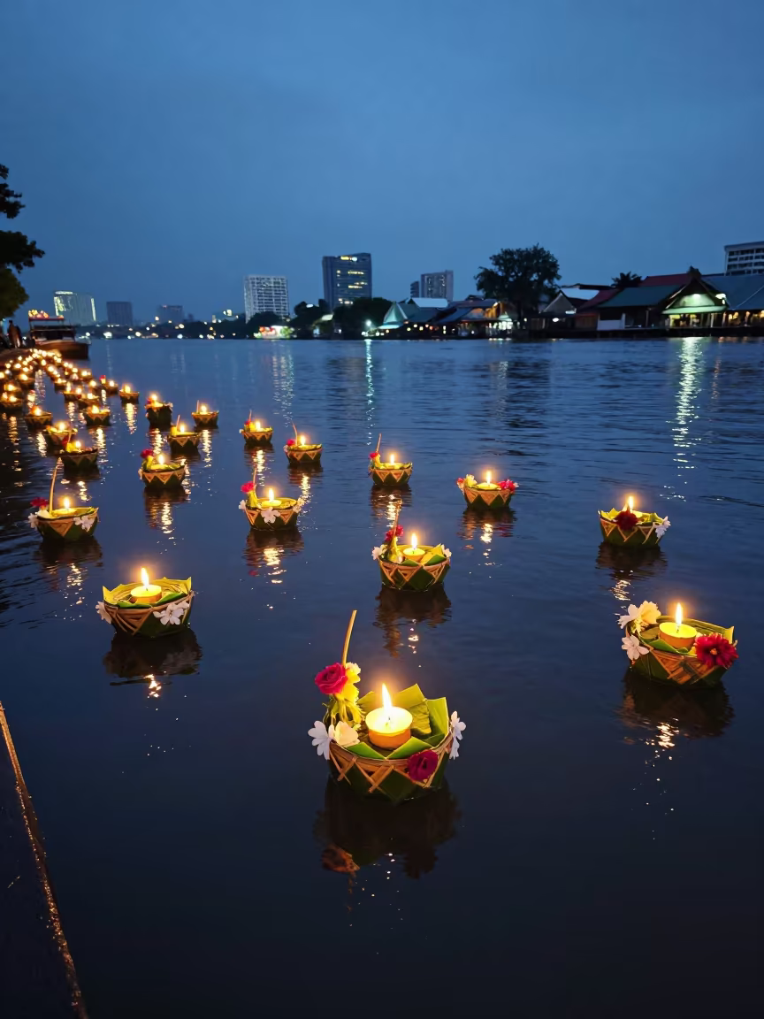 Thai Loi Krathong Festival Floating Candles Bangkok in at a waterfront celebration in Sukhumvit, Bangkok