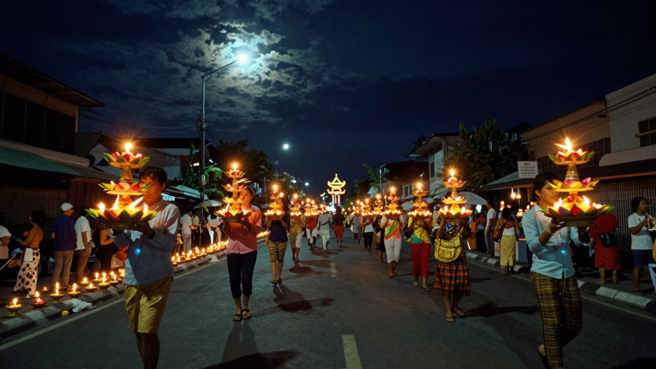 Thai Loi Krathong Festival Night Sky Procession in at a festival street procession near Phuket