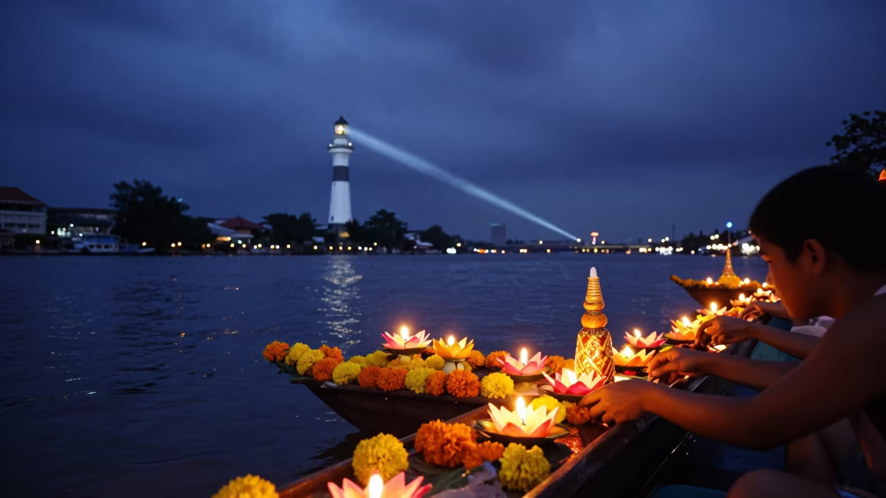 Thai Loi Krathong Festival Night Sukhumvit Bangkok in at a waterfront celebration in Sukhumvit, Bangkok