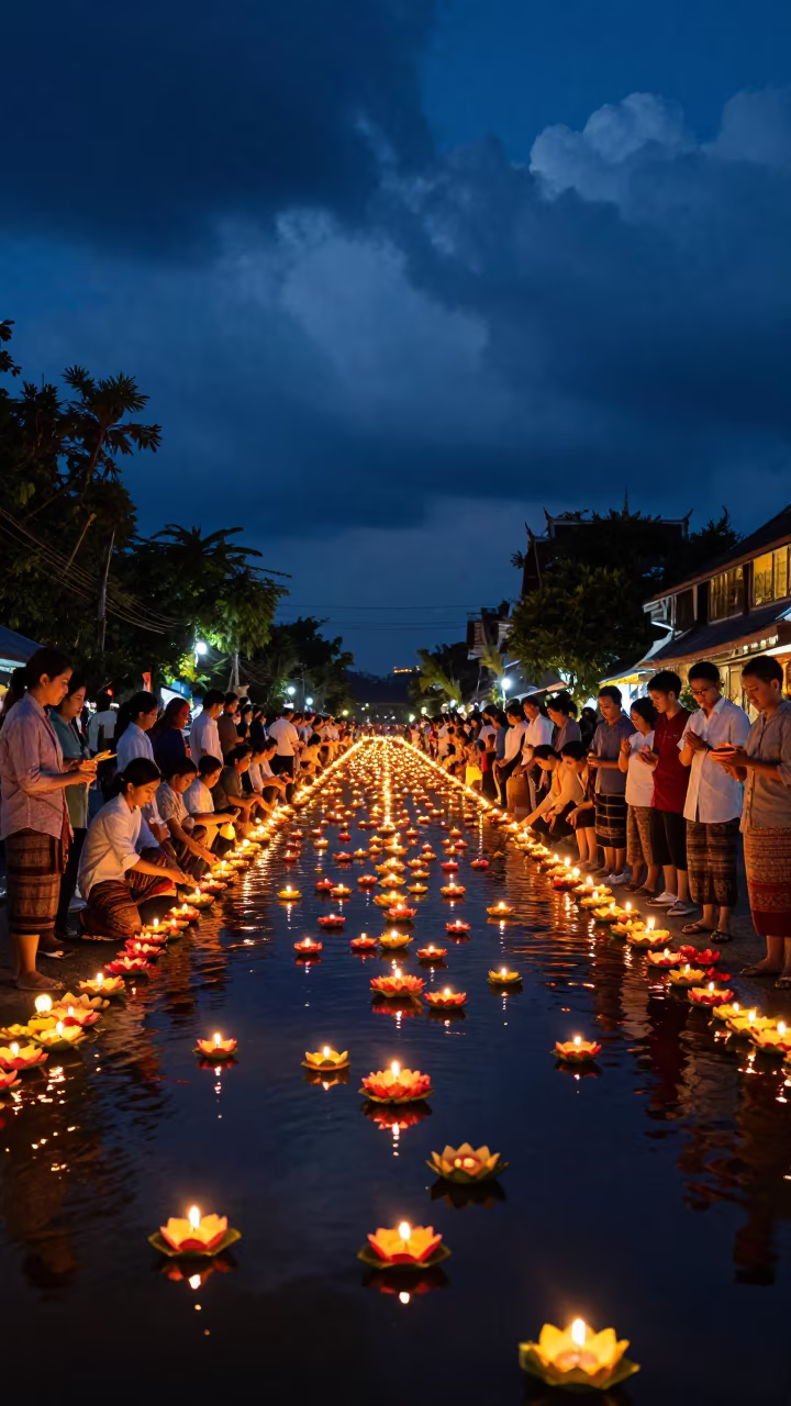 Thai Loi Krathong Floating Candle Lotuses Night in at a festival street procession near Santitham, Chiang Mai