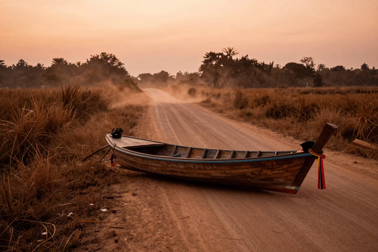 Thai Longtail Boat in Amber Sunset Light in along a switchback approach near Chiang Mai