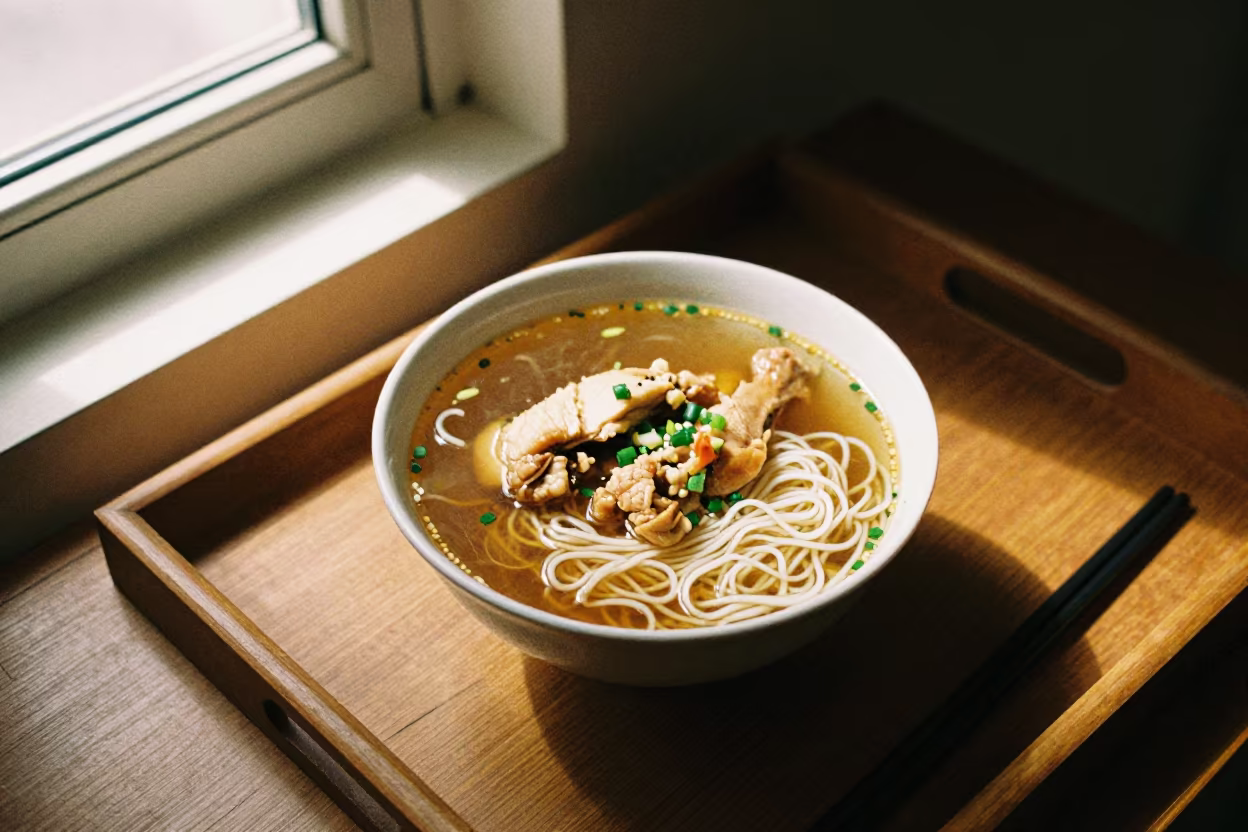 Thai Noodle Bowl on Tea House Tray in on a tea house tray in Taranto