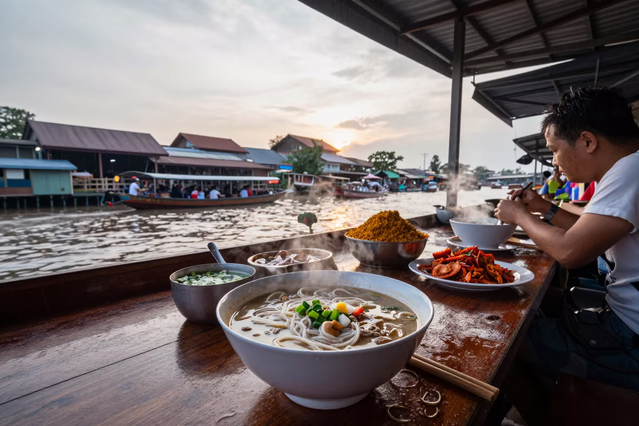 Thai Noodle Soup Boat Kitchen Dawn Thonburi Market in at a spice vendor's table in Thonburi, Bangkok