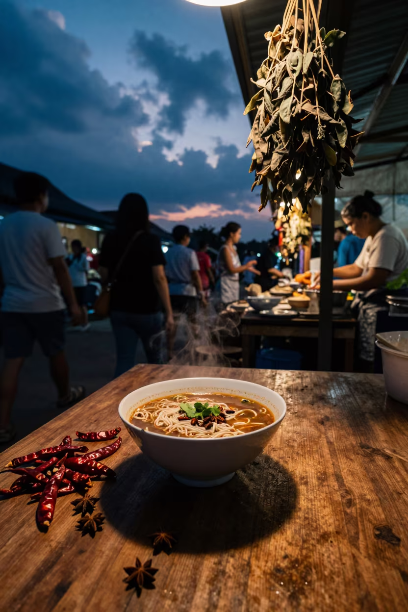 Thai Noodle Soup at Chiang Mai Spice Market Twilight in at a spice vendor's table in Chiang Mai