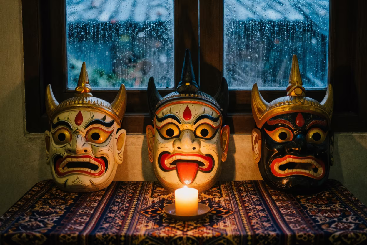 Thai Phi Ta Khon Masks Candlelight Monsoon in on a textile-covered table in Bangkok